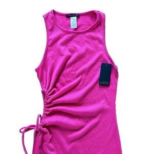 Caution To The Wind Hot Pink Ribbed Side-Tie Mini Dress